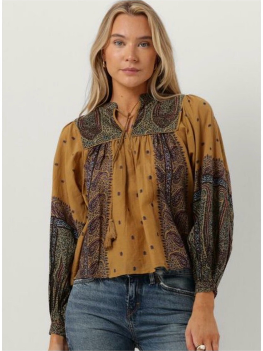 Bohemian Mustard Paisley Tie-Neck Peasant Blouse